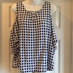 SO Blue White Gingham Cold Shoulder Blouse Size L